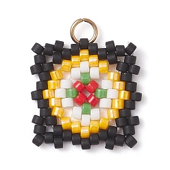 Желтый Подвески из стеклянных бусин ручной работы в форме решетки на окна, с 304 петлей из нержавеющей стали, желтые, 16.5x16.5x1.5 мм, отверстие : 3 мм