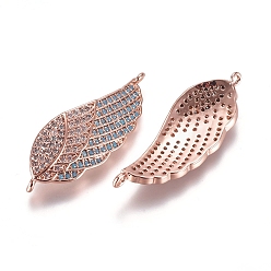 Розовое Золото Соединители из латуни с микропаве и кубическим цирконием, крыло, ясный и голубой, розовое золото , 31x11x3 мм, отверстие : 1.2 мм
