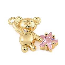 Real 18K Gold Plated Brass Micro Pave Pink Cubic Zirconia Pendants, Bear & Star Charms, Rack Plating, Long-Lasting Plated, Cadmium Free & Lead Free, Real 18K Gold Plated, 15x20x4.5mm, Hole: 1.2mm
