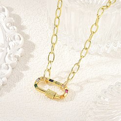 Real 18K Gold Plated Brass Paperclip Chain Necklaces with Colorful Cubic Zirconia Oval Carabiner Locks for Women, Real 18K Gold Plated, 15.35 inch(39cm)