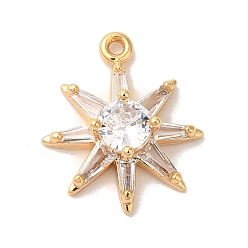 Настоящее золото 18K Латунные микропаве прозрачные подвески с фианитом, без никеля , цветок с солнцем, реальный 18 k позолоченный, 16x14x4 мм, отверстие : 1 мм