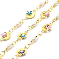 Real 18K Gold Plated Handmade Brass Enamel Moon & Star with Evil Eye Link Chain, with Glass Pearl, Soldered, with Spool, Cadmium Free & Lead Free, Real 18K Gold Plated, Moon & Star: 10.5x7.5x3mm, Round: 4.5mm