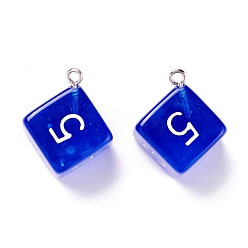 Medium Blue Transparent Acrylic Pendants, with Iron Finding, Dice, Medium Blue, 28x21x16mm, Hole: 2mm