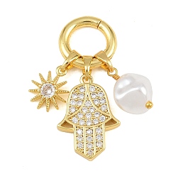 Hamsa Hand Brass Micro Pave Cubic Zirconia European Pendant Decorations, Large Hole Pendants, Real 14K Gold Plated, with Plastic Pearl, Hamsa Hand & Star, 35mm, Hole: 9mm, Pendant: 9.5x2.5mm