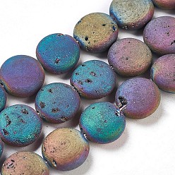 Rainbow Plated Electroplated Natural Quartz Crystal Beads Strands, Druzy Geode Crystals, Flat Round, Multi-color Plated, 11.5~12.5x5mm, Hole: 1.2mm, about 16pcs/strand, 7.59 inch(19.5cm)