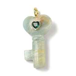Flower Amazonite Подвески из натуральных цветов амазонита, Подвески в виде сердечек с ключиками, украшенные латунными фианитами., золотые, 46.5~48x22~23.5x11.5~13.5 мм, отверстие : 4 мм