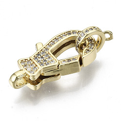 Real 16K Gold Plated Brass Micro Pave Clear Cubic Zirconia Lobster Claw Clasps, with Bail Beads/Tube Bails, Nickel Free, Real 16K Gold Plated, 23x11x5mm, Hole: 2mm