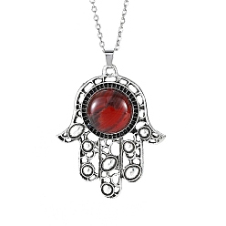 Cherry Quartz Glass Synthetic Cherry Quartz Glass Pendant Necklaces, Stainless Ssteel Cable Chains, Hamsa Hand, 19.69 inch(50cm)