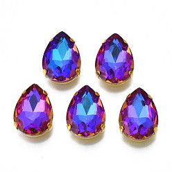 Сине-фиолетовый Шить на горный хрусталь, многожильных ссылки, стекло горный хрусталь, с позолотой 201 зубцы из нержавеющей стали, аксессуары для одежды, граненые, слеза, синий фиолетовый, 18x13x6.5 мм, отверстие : 1 мм