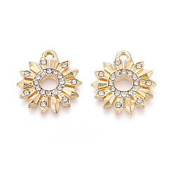 Light Gold Подвески из сплава и страза, цветок, без свинца и без кадмия, золотой свет, 21x19x2 мм, отверстие : 2 мм