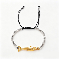 Fish Pulseras ajustables de acero inoxidable con cuentas redondas trenzadas y animales marinos para la playa 304, oro y plata, pescado, 11.81 pulgada (30 cm)