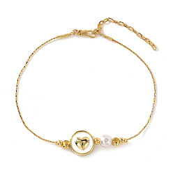 Сердце Браслеты из латуни и круглых бусин с имитацией жемчуга, ювелирные изделия из латуни с эмалью для женщин, плоско-круглые, сердце, 6.30 дюйм (16 см)