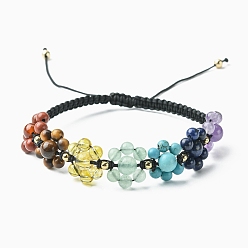Mixed Stone Chakra Theme Flower Natural & Synthetic Mixed Gemstone Braided Bead Bracelet, Nylon Adjustable Bracelet for Women, Inner Diameter: 2-3/8~3-3/4 inch(6~9.5cm)