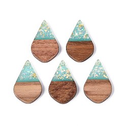 Средний Бирюзовый Подвески из непрозрачной смолы и орехового дерева, слезинки, с блестящей пудрой и золотой фольгой, средне бирюзовый, 28x17.5x3~3.5 мм, отверстие : 1.8~2 мм