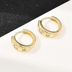 Настоящее золото 18K Серьги-кольца из прозрачного кубического циркония с микропаве из латуни., реальный 18 k позолоченный, 12.5x14x5 мм