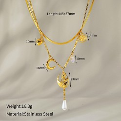 Oval 304 Двухслойные ожерелья из нержавеющей стали с натуральным пресноводным жемчугом, золотые, овальные, 15.94 дюйм (40.5 см), Кулон : 55 мм