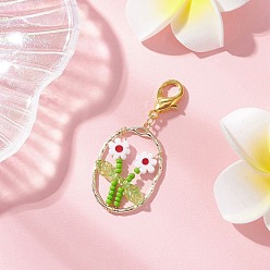 (123L) Белый крем непрозрачный блеск Овальный с цветочным стеклянным бисером и подвесками из лэмпворка и сплава, с карабин-лобстерами , золотые, огнеупорный кирпич, 49.5 мм