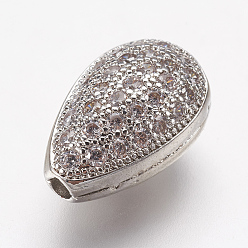 Platinum Brass Micro Pave Cubic Zirconia Beads, teardrop, Platinum, 14.5x9.5x7.5mm, Hole: 1.5mm