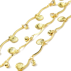Golden Handmade Eco-friendly Brass Curved Bar Link Chain, with Shell Shape and Glass Charms, Long-Lasting Plated, Soldered, with Spool, Golden, 15.5x1.5x1mm
