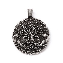 Antique Silver Tibetan Style 304 Stainless Steel Pendants, Flat Round with Tree, Antique Silver, 41x32.5x3.5mm, Hole: 5.5x4.5mm
