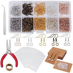 Mixed Color DIY Earring Making Finding Kit, Including Iron Jump Rings & Earring Hooks, Plastic Ear Nuts, Cardboard Paper, OPP Cellophane Bags, Brass Rings, Pliers, Mixed Color, 1153Pcs/set