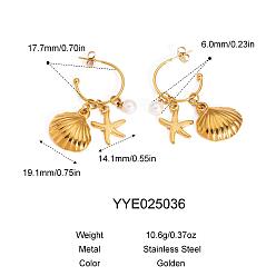 Золотой Летние серьги-гвоздики из нержавеющей стали в форме морской звезды, с имитацией жемчуга, золотые, золотые, звезды: 14.1 мм, оболочкой: 19.1 mm