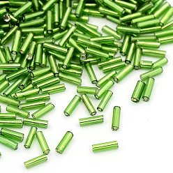 Lime Green Glass Bugle Beads, Silver Lined, Lime Green, 6~8x1.8mm, Hole: 0.6mm, 10000pcs/pound
