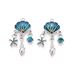 Платинированный Латунь эмаль подвески, ракушка с подвеской в виде морской звезды, Реальная платина, 35x15.5x3 мм, отверстие : 2 мм