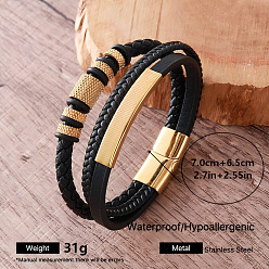 Golden Vintage 304 Stainless Steel Braided PU Leather 3-Strand Bracelets with Magnetic Clasps for Men, Black, Golden, Inner Diameter: 2.76 inch(7cm)