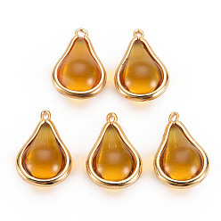 Goldenrod Transparent Glass Pendants, with Brass Findings, Teardrop, Light Gold, Goldenrod, 19x12x8mm, Hole: 1mm