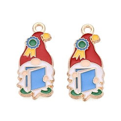 FireBrick Alloy Enamel Pendants, Gnome & Book Charms, Light Gold, FireBrick, 25x11x1mm, Hole: 1.6mm