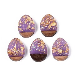 Средняя Орхидея Подвески из непрозрачной смолы и орехового дерева, слезинки, с блестящей пудрой и золотой фольгой, средне орхидеи, 17.5x13x3 мм, отверстие : 2 мм