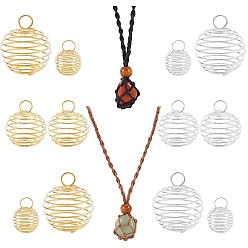 Mixed Color 32Pcs 8 Style Iron Wire Pendants, Spiral Bead Cage Pendants, Round, with Necklace Cord Empty Stone Holder, Mixed Color, Pendant: 15~30x14~25mm, Hole: 4~6mm