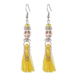 Yellow Synthetic Turquoise Skull Dangle Earrings, 316 Surgical Stainless Steel Tassel Earrings for Halloween, Yellow, 77~79mm, Pin: 0.7mm