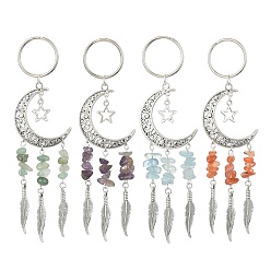 Antique Silver Alloy Moon with Feather Pendant Decorations, with Gemstone Chips and Star Charms, Antique Silver, 126mm, 4pcs/set