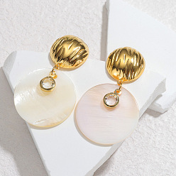 Плоский Круглый День святого Валентина 304 Серьги-гвоздики из нержавеющей стали и натуральной ракушки, золотые, плоско-круглые, 43x25 мм