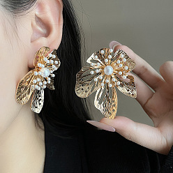 Цветок Серьги-гвоздики с имитацией жемчуга из железа, золотые, цветок, 55x44.6 мм