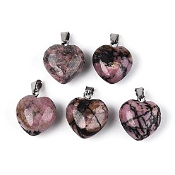 Родонит Природные подвески родонит, сердце прелести, с железной застежкой платинового цвета на дужках, 16~19x15~18x8~10.5 мм, отверстие : 5.5~6x2~2.5 мм