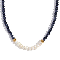 Синий Модное женское ожерелье с жемчугом в европейском стиле, ручная работа, нержавеющая сталь, пресноводный жемчуг, хрусталь с глубокой огранкой