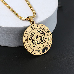 Рак Плоские круглые с созвездием 201 ожерелья из нержавеющей стали с подвеской, золотые, рак, 23.62 дюйм (60 см)