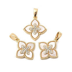Настоящее золото 18K Подвески из натуральной раковины и прозрачного кубического циркония, латунь цветок прелести, реальный 18 k позолоченный, 17.5x15.5x2.5 мм, отверстие : 5x2.5 мм