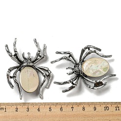 PapayaWhip Dual-use Items Alloy Pave Dyed Shell Spider Brooch, with Jet Rhinestone, Antique Silver, PapayaWhip, 57.5~58x41.5~42x12.5mm, Hole: 4x3mm
