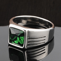 Зеленый Модные 304 кольца из нержавеющей стали с кубическим цирконием для мужчин, панк-стиль, прямоугольные, зелёные, размер США 9 (18.9 мм)