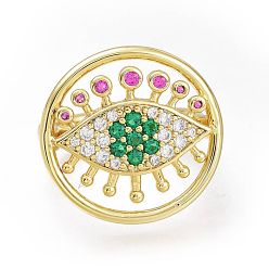 Golden Brass Micro Pave Cubic Zirconia Cuff Rings, Open Rings, Long-Lasting Plated, Flat Round with Eye, Colorful, Golden, US Size 6(16.5mm)