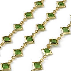 Зеленый лайм Латунные стеклянные ромбовидные цепи, с катушкой, долговечный, пайки, без свинца и без кадмия, стойки покрытие, реальный 18 k позолоченный, зеленый лайм, 15x9x2.5 мм