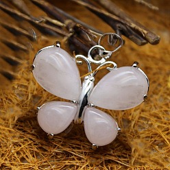 Rose Quartz Natural Rose Quartz Pendants, Butterfly Charms with Metal Snap on Bails, 24x30mm