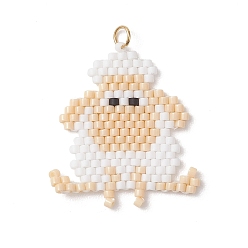 Белый Подвески в виде овечек из бисера, подвески из стеклянных бусин с узором ткацкого станка, с 304 кольцами из нержавеющей стали, белые, 28.5x25.5x2 мм, отверстие : 2.7 мм