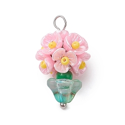 Бледно-Розовый Подвески для цветочных горшков из стеклянных бус, с фурнитурой из смолы и латуни, розовый жемчуг, 23x13 мм, отверстие : 2 мм