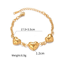Heart 304 Stainless Steel Link Bracelets for Women, Golden, Heart, 6.89 inch(17.5cm)