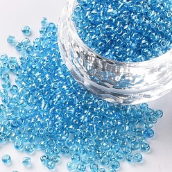 Light Blue Glass Seed Beads, Trans. Colours Lustered, Round, Light Blue, 2mm, Hole: 1mm, 30000pcs/pound